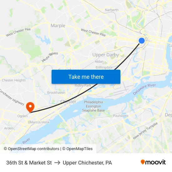 36th St & Market St to Upper Chichester, PA map