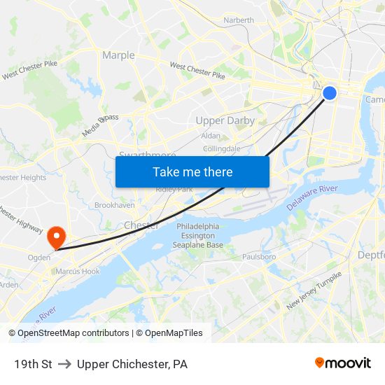 19th St to Upper Chichester, PA map