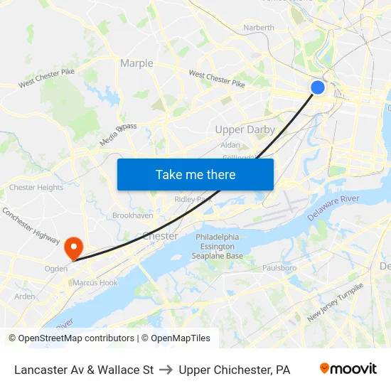 Lancaster Av & Wallace St to Upper Chichester, PA map