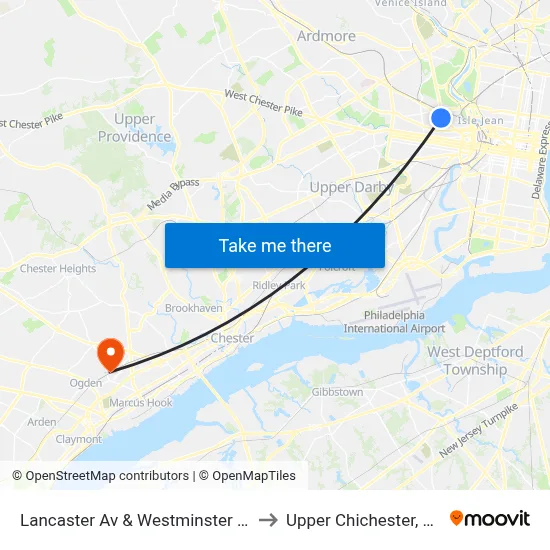 Lancaster Av & Westminster St to Upper Chichester, PA map