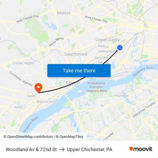 Woodland Av & 72nd St to Upper Chichester, PA map
