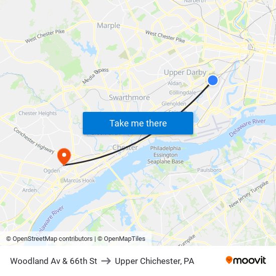 Woodland Av & 66th St to Upper Chichester, PA map