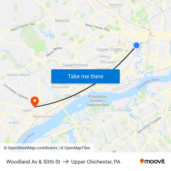 Woodland Av & 50th St to Upper Chichester, PA map