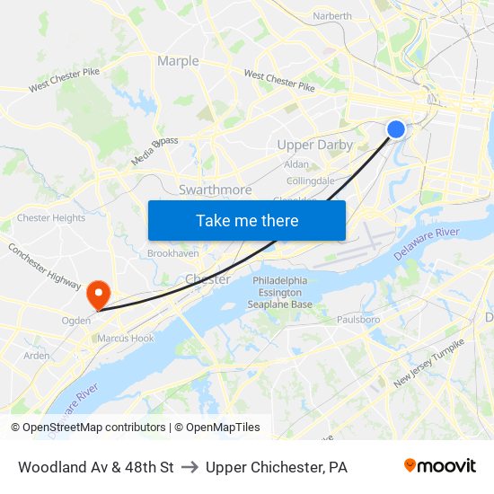 Woodland Av & 48th St to Upper Chichester, PA map