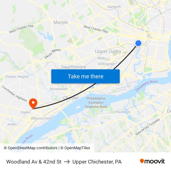 Woodland Av & 42nd St to Upper Chichester, PA map