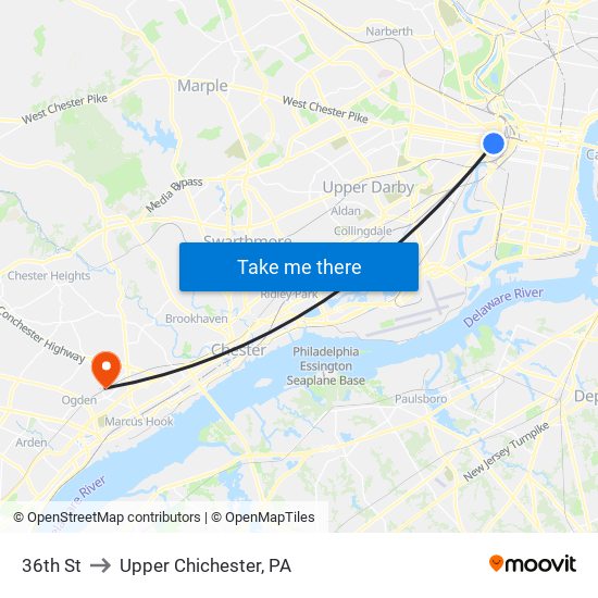 36th St to Upper Chichester, PA map