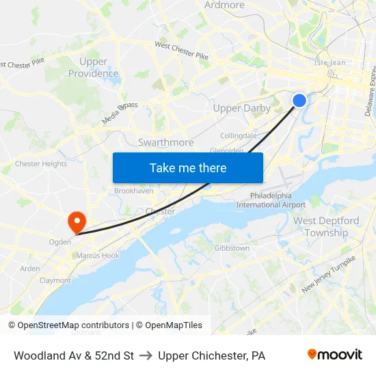 Woodland Av & 52nd St to Upper Chichester, PA map