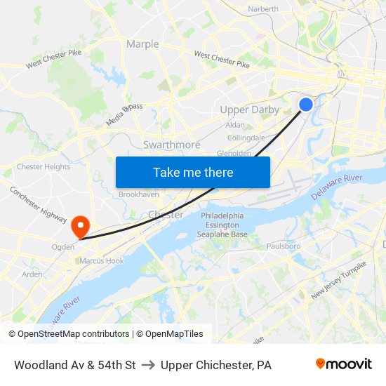 Woodland Av & 54th St to Upper Chichester, PA map