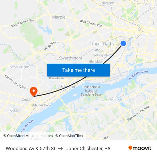 Woodland Av & 57th St to Upper Chichester, PA map