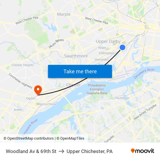 Woodland Av & 69th St to Upper Chichester, PA map