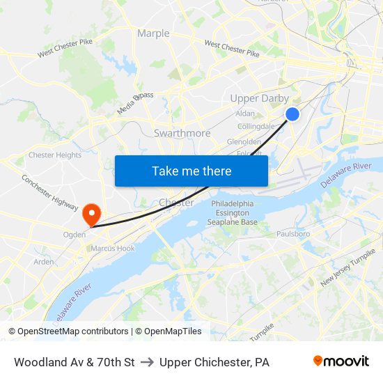 Woodland Av & 70th St to Upper Chichester, PA map
