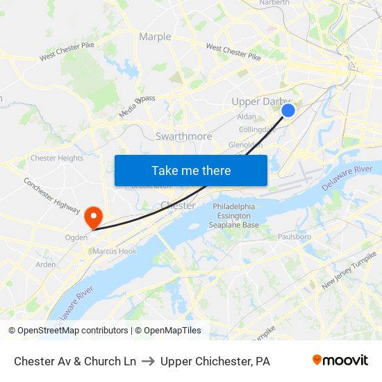 Chester Av & Church Ln to Upper Chichester, PA map