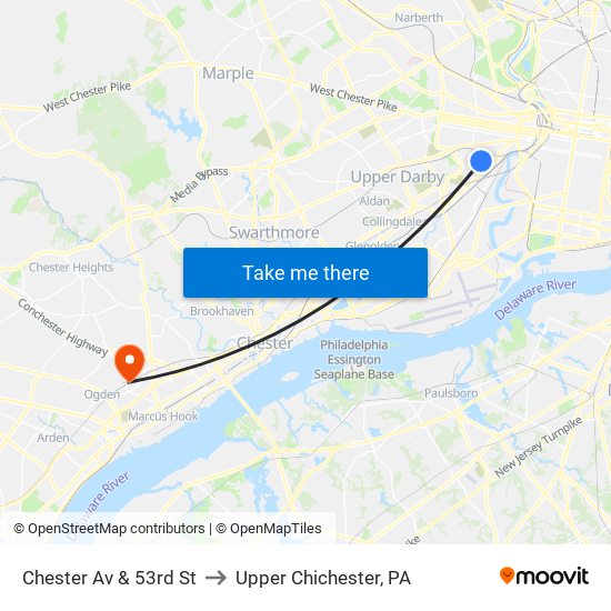 Chester Av & 53rd St to Upper Chichester, PA map