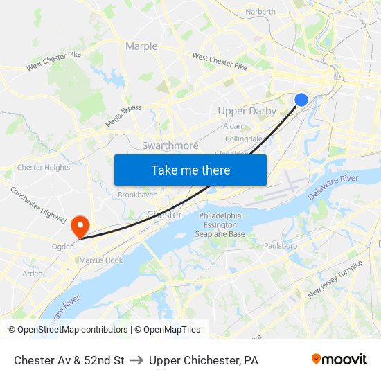 Chester Av & 52nd St to Upper Chichester, PA map