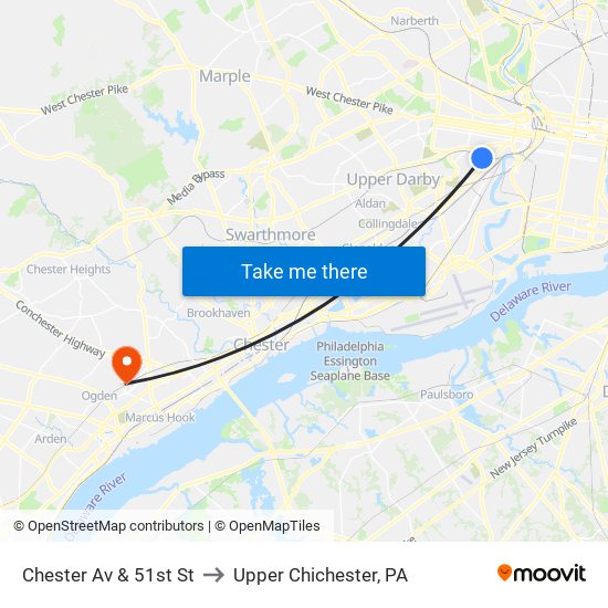Chester Av & 51st St to Upper Chichester, PA map