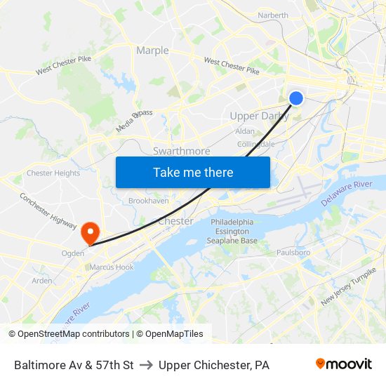 Baltimore Av & 57th St to Upper Chichester, PA map