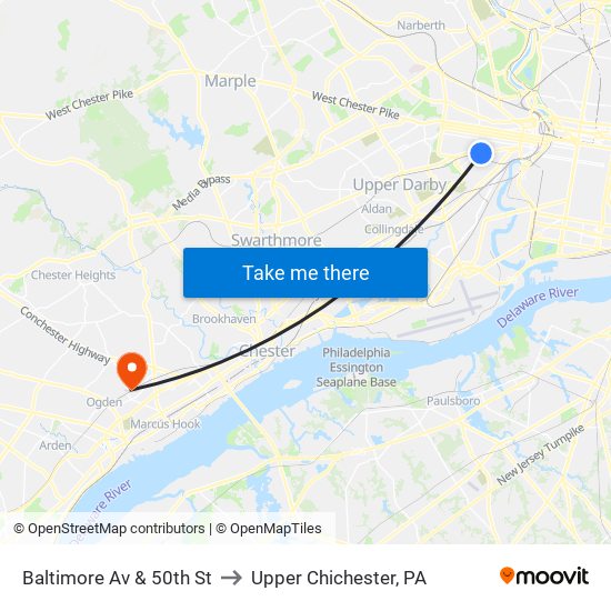 Baltimore Av & 50th St to Upper Chichester, PA map