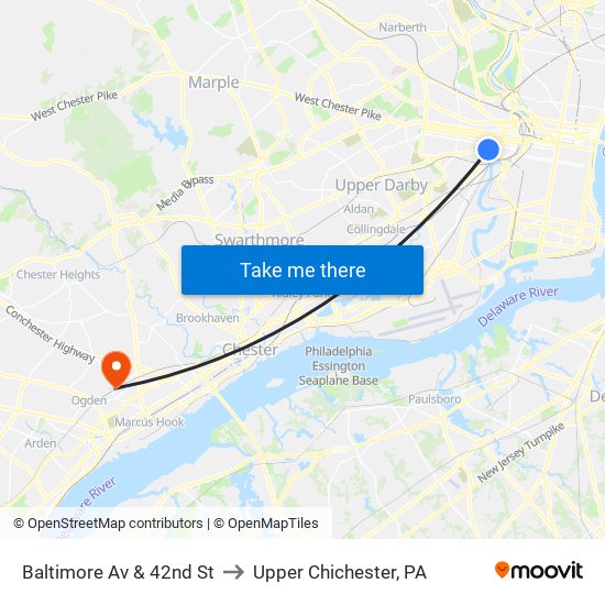 Baltimore Av & 42nd St to Upper Chichester, PA map