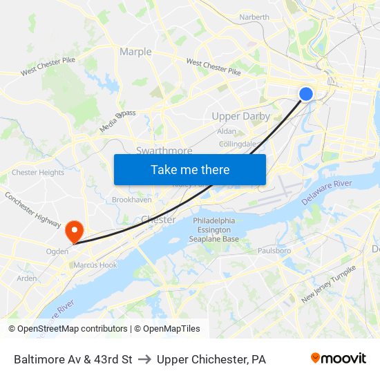 Baltimore Av & 43rd St to Upper Chichester, PA map