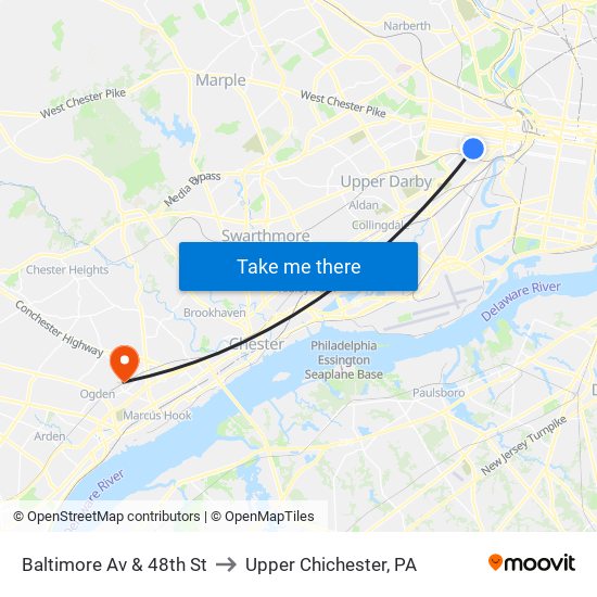 Baltimore Av & 48th St to Upper Chichester, PA map