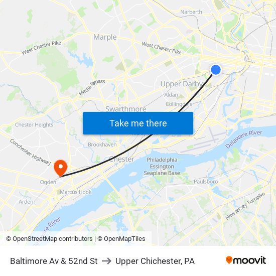 Baltimore Av & 52nd St to Upper Chichester, PA map