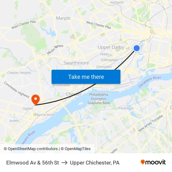 Elmwood Av & 56th St to Upper Chichester, PA map