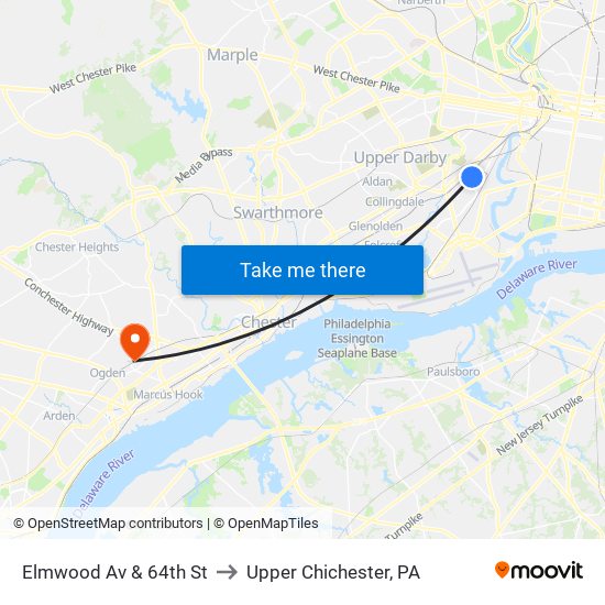Elmwood Av & 64th St to Upper Chichester, PA map