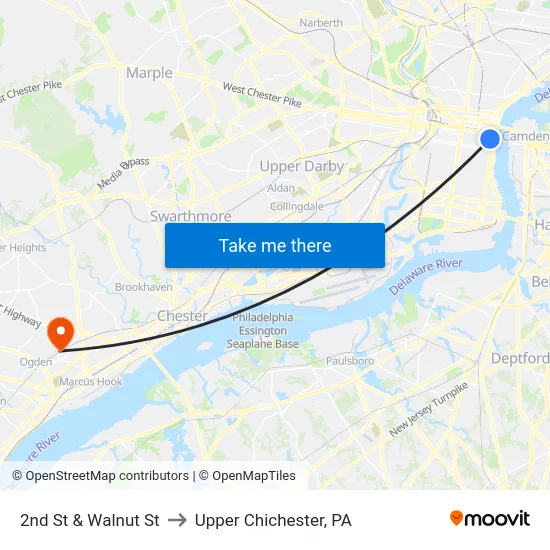 2nd St & Walnut St to Upper Chichester, PA map
