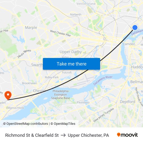 Richmond St & Clearfield St to Upper Chichester, PA map