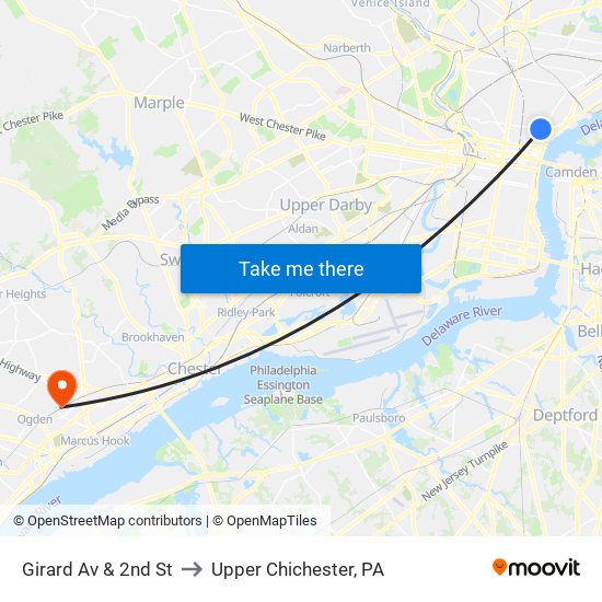 Girard Av & 2nd St to Upper Chichester, PA map