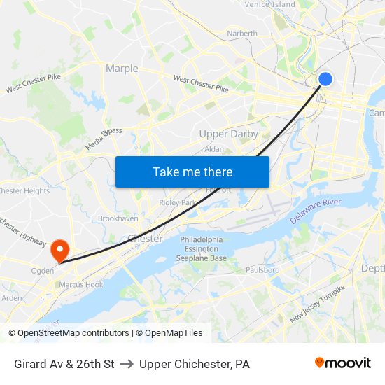 Girard Av & 26th St to Upper Chichester, PA map