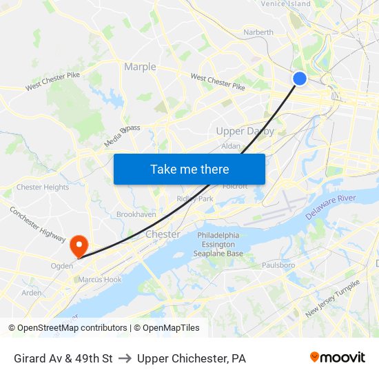 Girard Av & 49th St to Upper Chichester, PA map