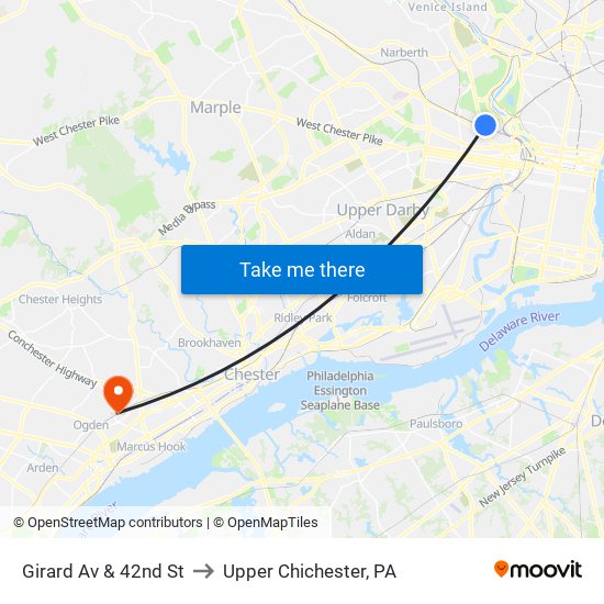 Girard Av & 42nd St to Upper Chichester, PA map