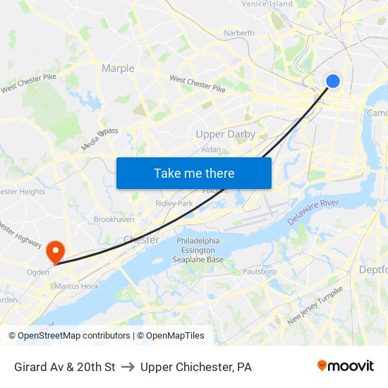 Girard Av & 20th St to Upper Chichester, PA map
