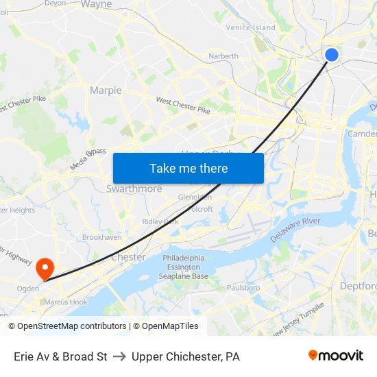 Erie Av & Broad St to Upper Chichester, PA map