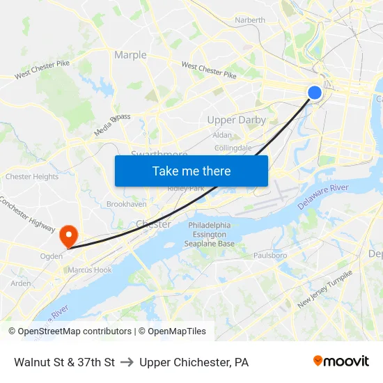 Walnut St & 37th St to Upper Chichester, PA map