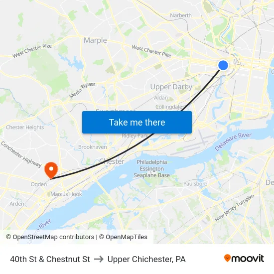 40th St & Chestnut St to Upper Chichester, PA map