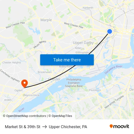 Market St & 39th St to Upper Chichester, PA map