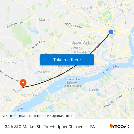 34th St & Market St - Fs to Upper Chichester, PA map