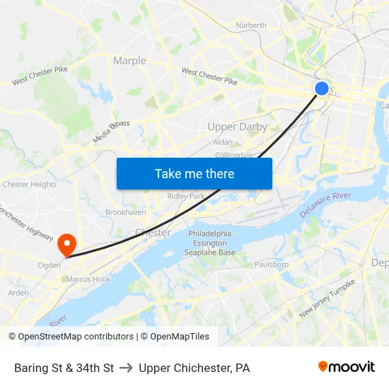 Baring St & 34th St to Upper Chichester, PA map