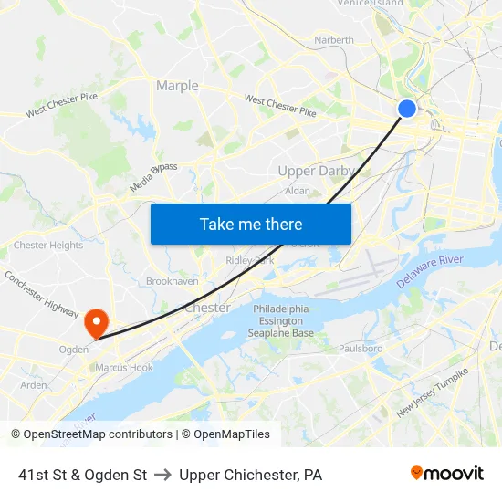 41st St & Ogden St to Upper Chichester, PA map