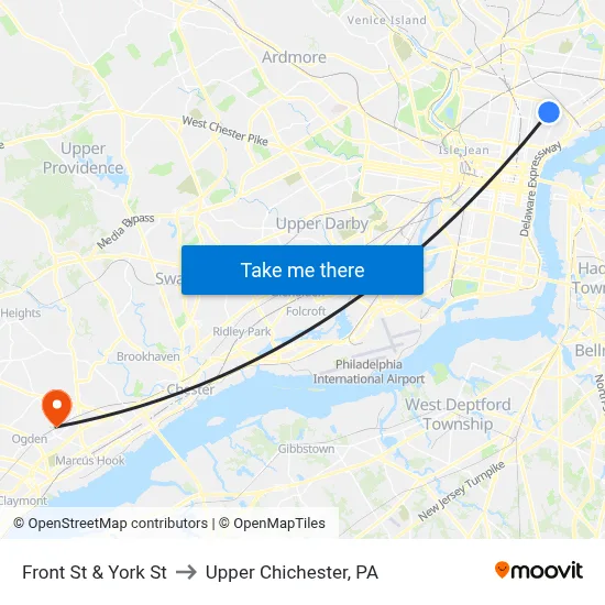 Front St & York St to Upper Chichester, PA map