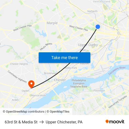 63rd St & Media St to Upper Chichester, PA map