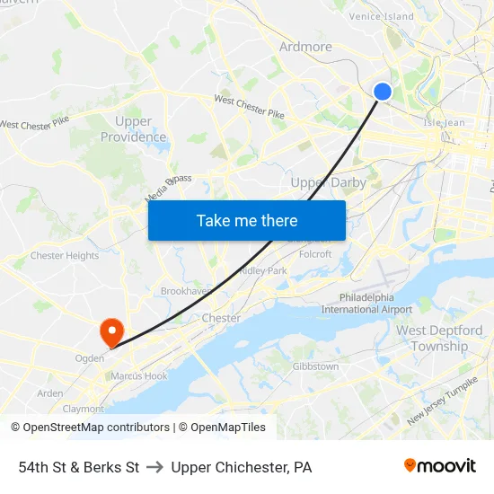 54th St & Berks St to Upper Chichester, PA map