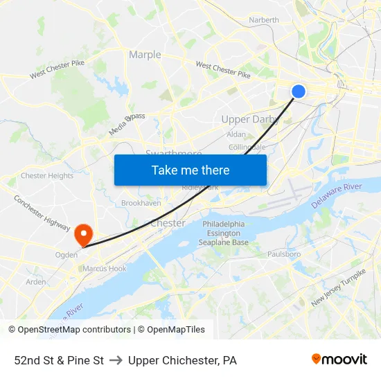 52nd St & Pine St to Upper Chichester, PA map