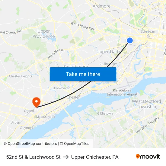 52nd St & Larchwood St to Upper Chichester, PA map