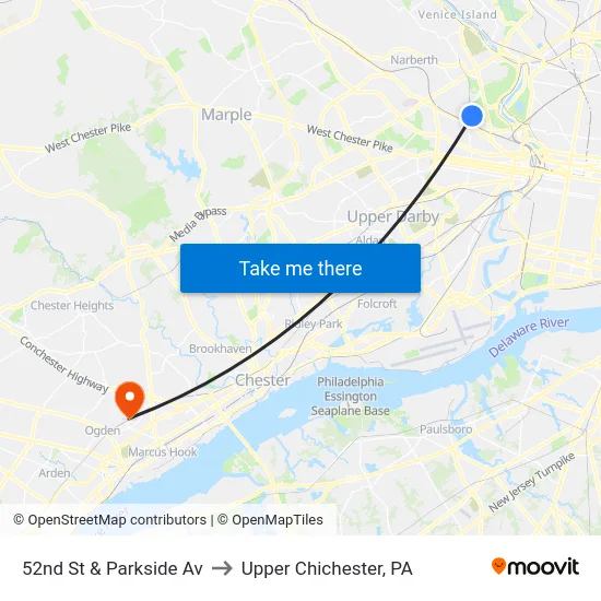 52nd St & Parkside Av to Upper Chichester, PA map