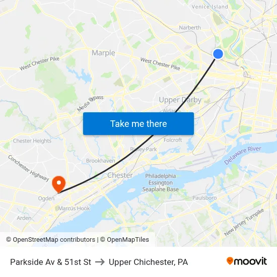 Parkside Av & 51st St to Upper Chichester, PA map