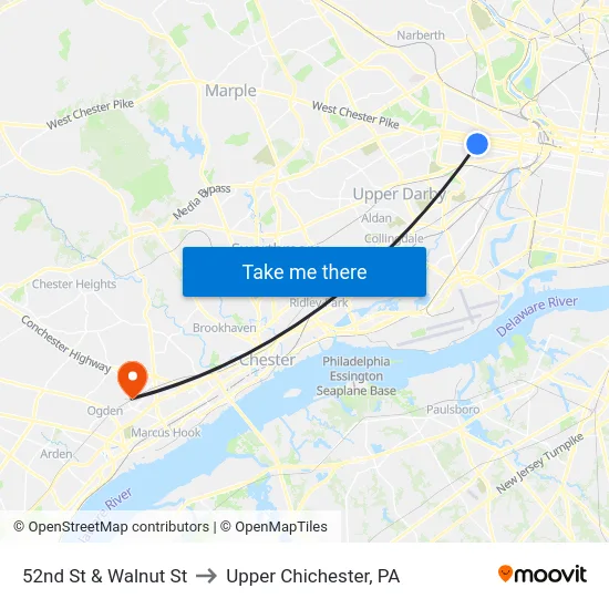 52nd St & Walnut St to Upper Chichester, PA map