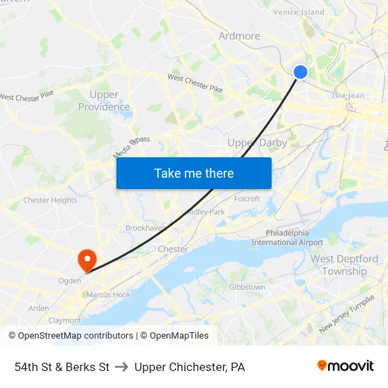 54th St & Berks St to Upper Chichester, PA map